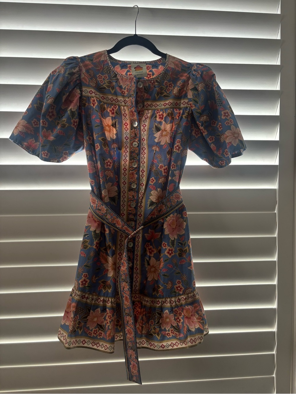FARM Rio Blue Floral Puff-Sleeve Belted Mini Dress